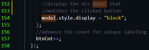 Picture of JavaScript code for modal pop-up