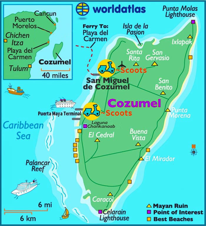 Map of Cozumel showing the locations of the Scoots locations