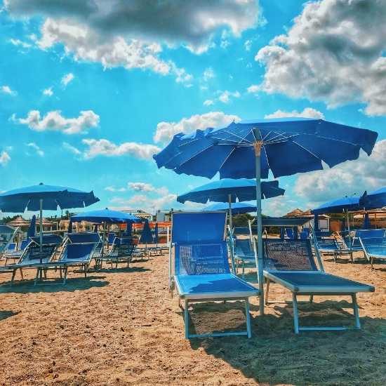 Picture of a beach full of empty lounge chairs