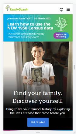 Mobile view screenshot of FamilySearch's web page