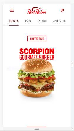 Mobile view screenshot of Red Robin's web page